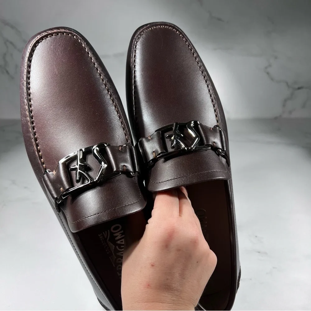 Salvatore Ferragamo Peter Hickory Light Grey Leather Slip On Driver Loafers